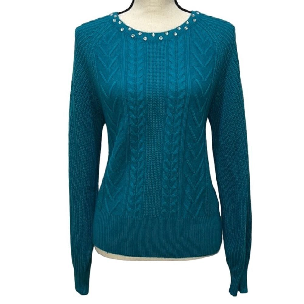 NY&Co Rhinestone Cable-Knit Balloon-Sleeve Sweater